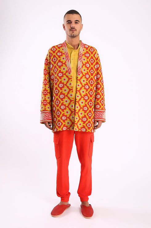 Jacket in printed quilted cotton blend with pockets